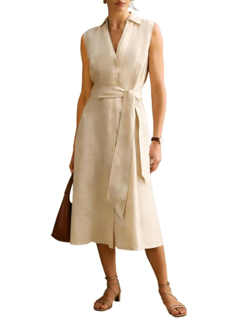 Chic Women's Linen Midi Shirt Dress - V Neck, Sleeveless, Button Down, Waist